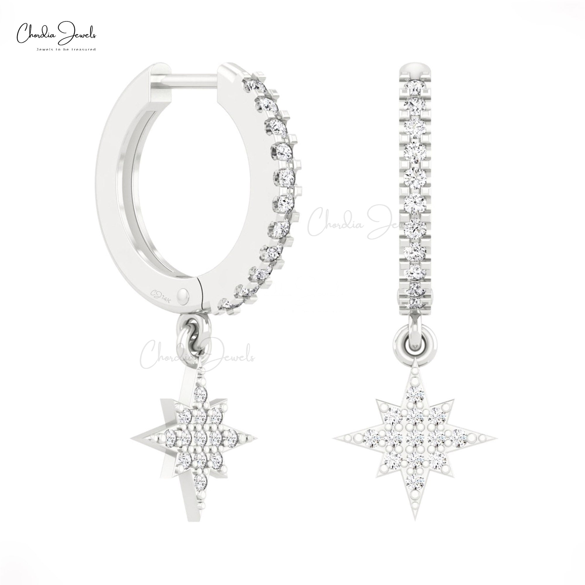Pure 14k Gold North Star Hoops With 0.31 Ct White Diamond Latch Back Earrings For Her