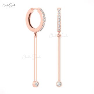 14k Real Gold Dainty Hoop With 0.4 Ct White Diamond Bar Drop Dangle Earrings For Women