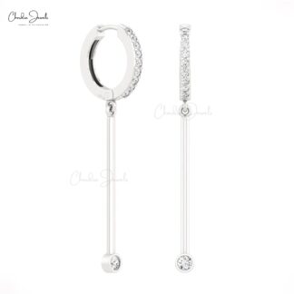 14k Real Gold Dainty Hoop With 0.4 Ct White Diamond Bar Drop Dangle Earrings For Women