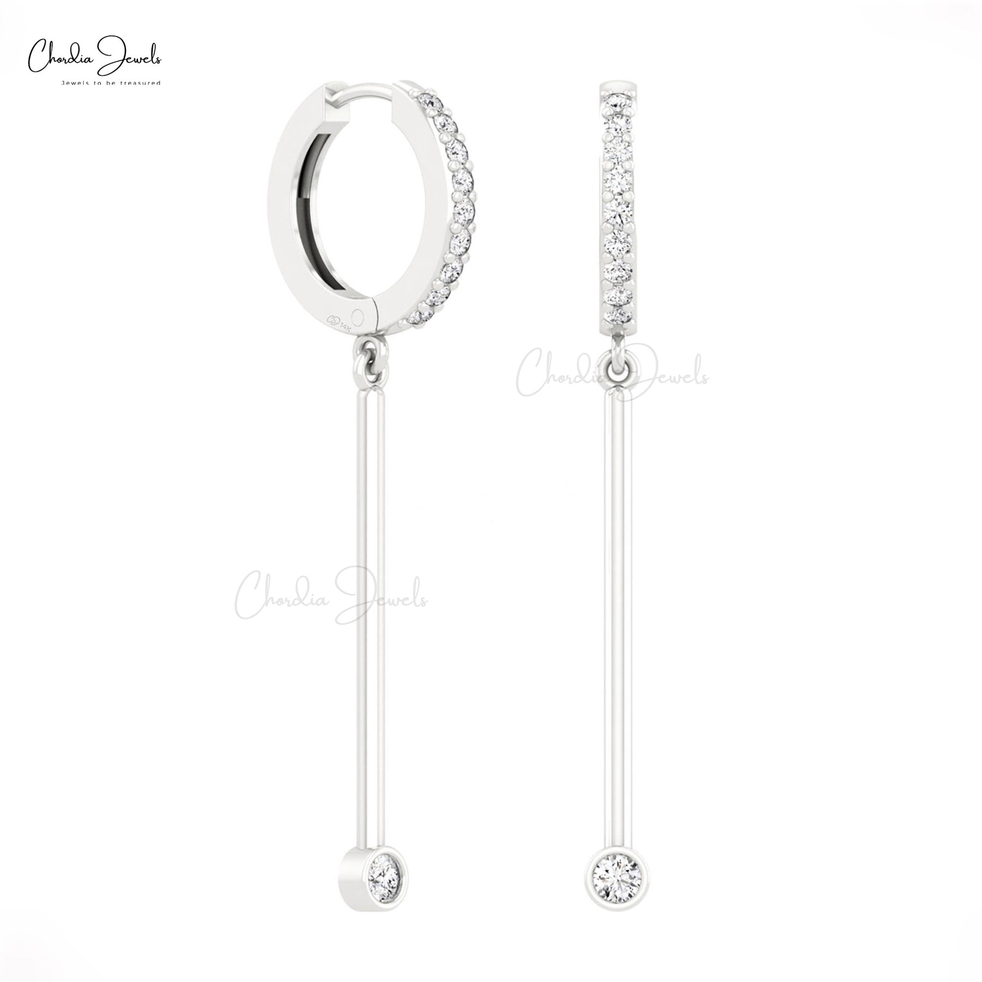 14k Real Gold Dainty Hoop With 0.4 Ct White Diamond Bar Drop Dangle Earrings For Women