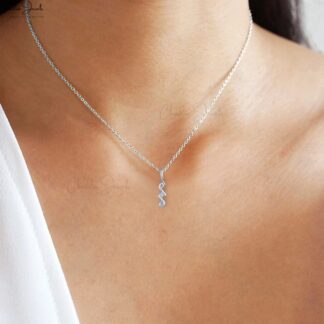 Square 3 Stone Pendant With 0.07 Ct Small Diamond 14k Solid White Gold Wave Necklace