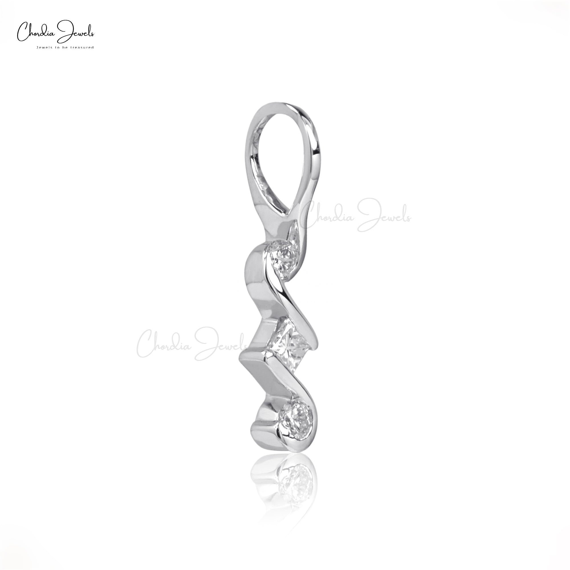 Square 3 Stone Pendant With 0.07 Ct Small Diamond 14k Solid White Gold Wave Necklace