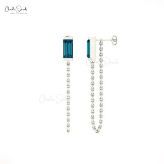 Solitaire Baguette Earring In Solid 14k Gold London Blue Topaz Gemstone Chain Earrings
