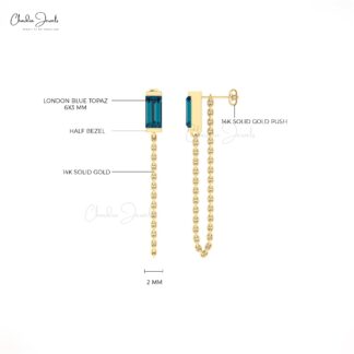 Solitaire Baguette Earring In Solid 14k Gold London Blue Topaz Gemstone Chain Earrings
