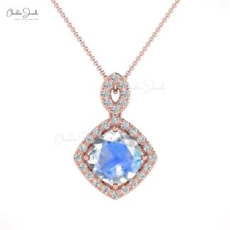 Dangle Halo Diamond Pendant In 14k Real Gold Rainbow Moonstone 7mm Round Cut Necklace