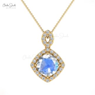 Dangle Halo Diamond Pendant In 14k Real Gold Rainbow Moonstone 7mm Round Cut Necklace