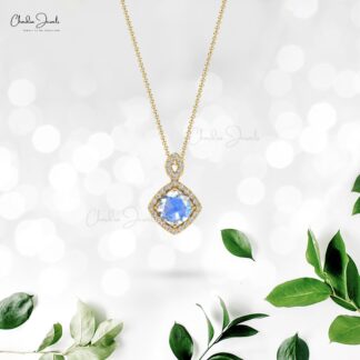Dangle Halo Diamond Pendant In 14k Real Gold Rainbow Moonstone 7mm Round Cut Necklace