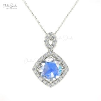 Dangle Halo Diamond Pendant In 14k Real Gold Rainbow Moonstone 7mm Round Cut Necklace