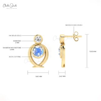 Brilliant Cut 2 Stone Earrings In 14k Real Gold Moonstone And Diamond Handmade Studs