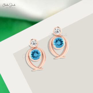Round Cut Diamond Earrings With 5mm Swiss Blue Topaz 14k Real Gold 2 Stone Studs