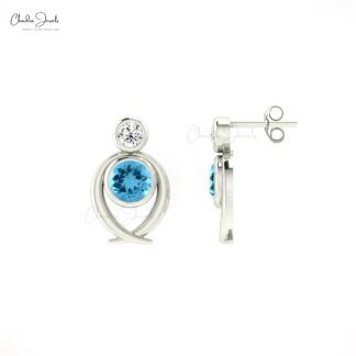 Round Cut Diamond Earrings With 5mm Swiss Blue Topaz 14k Real Gold 2 Stone Studs
