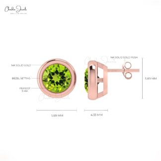 Bezel Set 5mm Gree Peridot Gemstone Solitaire Earrings in 14k Real Gold