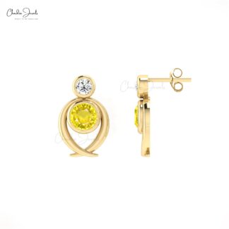 Two Stone Round Earrings With 0.94 Ct Yellow Sapphire G-H Diamond Minimal Studs For Her