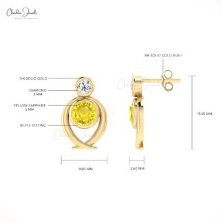 Two Stone Round Earrings With 0.94 Ct Yellow Sapphire G-H Diamond Minimal Studs For Her