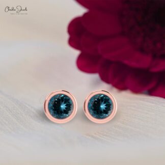 AAA London Blue Topaz Solitaire Earrings In 14k Real Gold Gemstone Minimalist Studs