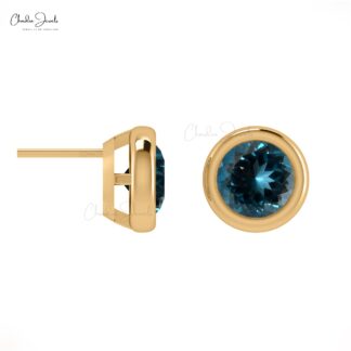 AAA London Blue Topaz Solitaire Earrings In 14k Real Gold Gemstone Minimalist Studs