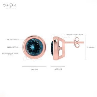 AAA London Blue Topaz Solitaire Earrings In 14k Real Gold Gemstone Minimalist Studs