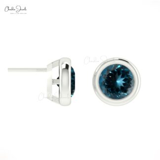 AAA London Blue Topaz Solitaire Earrings In 14k Real Gold Gemstone Minimalist Studs