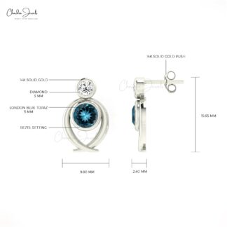 Dual Birthstone London Blue Topaz & Diamond 2 Stone Earrings in 14k Solid Gold Jewelry
