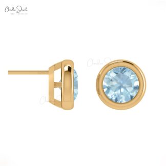 Bezel Set Round Aquamarine Solitaire Earrings in 14k Real Gold