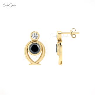 Bezel Set Two Stone Diamond Push Back Stud Earrings in 14k Real gold Jewelry