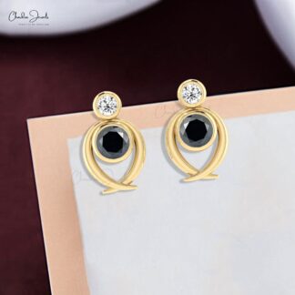 Bezel Set Two Stone Diamond Push Back Stud Earrings in 14k Real gold Jewelry