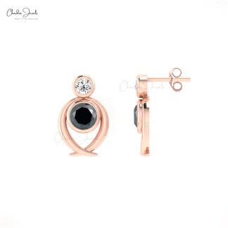 Bezel Set Two Stone Diamond Push Back Stud Earrings in 14k Real gold Jewelry