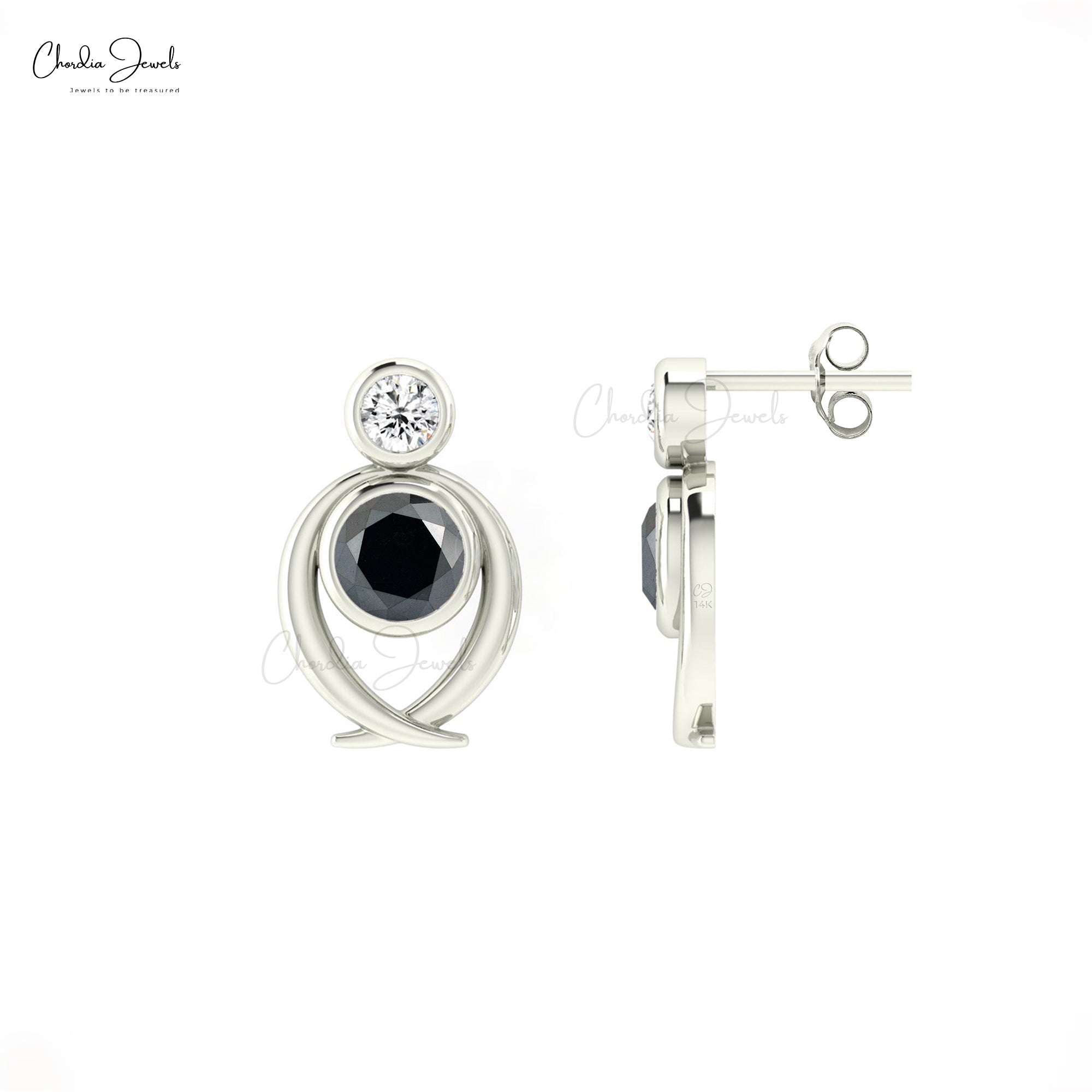 Bezel Set Two Stone Diamond Push Back Stud Earrings in 14k Real gold Jewelry