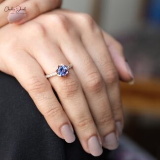 Floral Wedding Ring With 7mm Tanzanite Prong Set In 14k Rose Gold Diamond Promise Rings