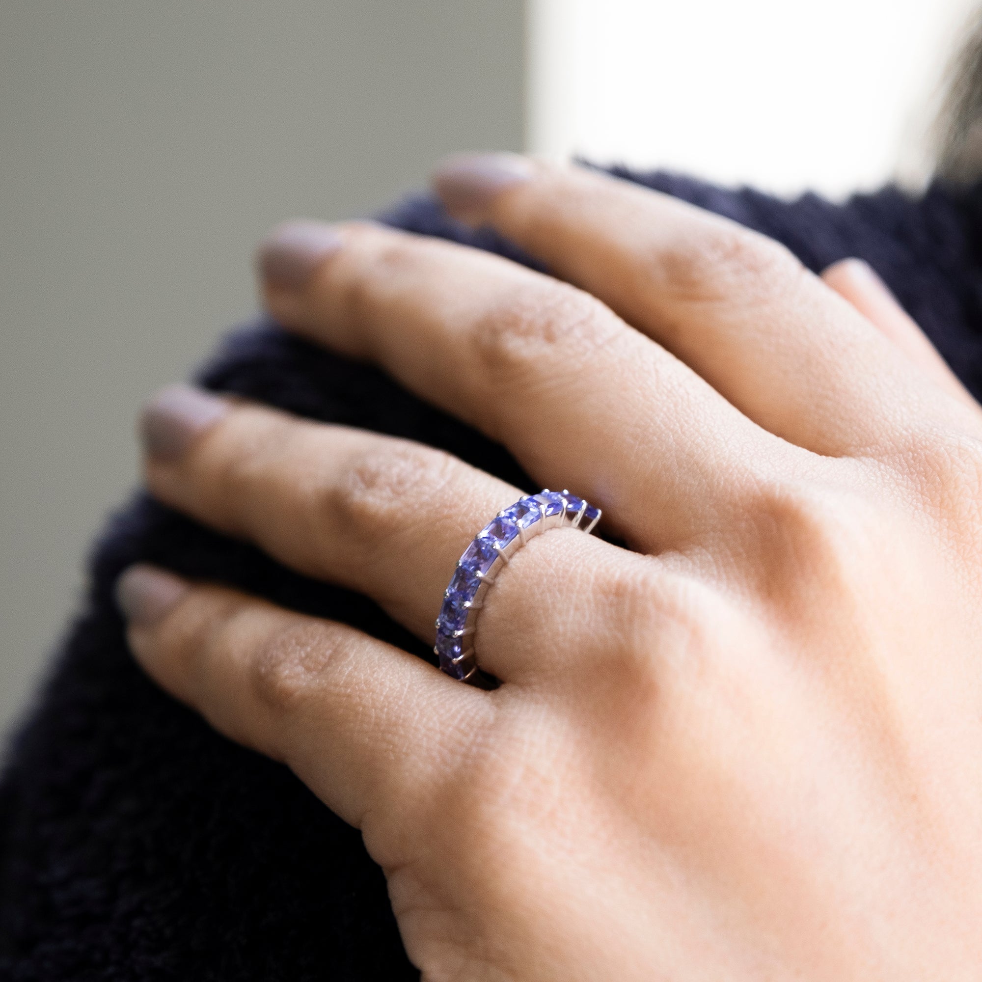 Stackable Half Eternity Band With 3mm Square Tanzanite 14k White Gold Engagement Ring