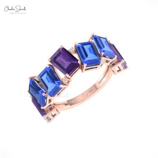 Real 14k Gold 7 Stone Stack Band With 7x5mm Amethyst And Tanzanite Diamond Halfway Ring