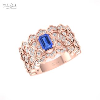 Octagon Tanzanite Statement Ring In 14k Pure Gold G-H Diamond Cocktail Rings For Her