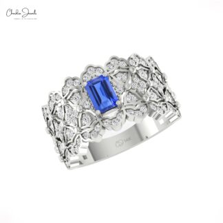 Octagon Tanzanite Statement Ring In 14k Pure Gold G-H Diamond Cocktail Rings For Her
