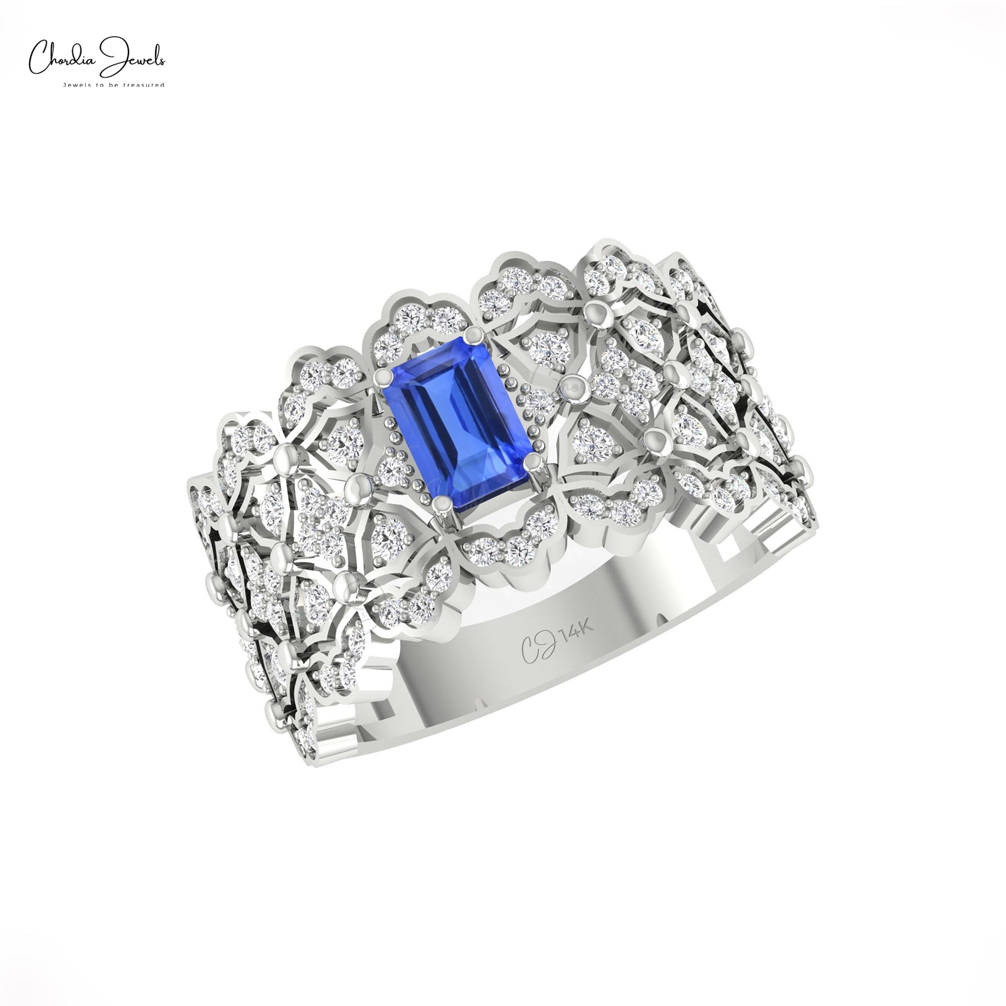 Octagon Tanzanite Statement Ring In 14k Pure Gold G-H Diamond Cocktail Rings For Her
