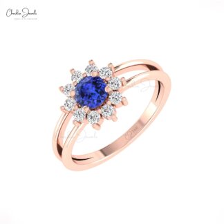 Brilliant Cut Split Shank Ring In Solid 14k Gold Tanzanite Halo Diamond Proposal Rings