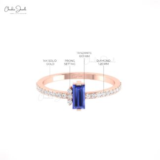 AAA Tanzanite Baguette Ring With Pave Diamond Unique Engagement Rings In 14k Gold