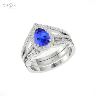 AAA Tanzanite Split Shank Ring In 14k Solid Gold Diamond Halo Handmade Bridal Rings
