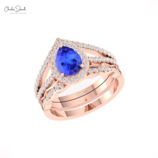 AAA Tanzanite Split Shank Ring In 14k Solid Gold Diamond Halo Handmade Bridal Rings