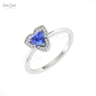 Trillion Cut Halo Wedding Ring In Solid 14k Gold Tanzanite And Diamond Promise Rings