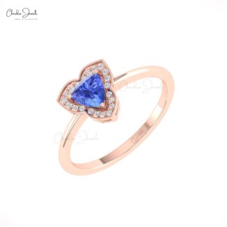 Trillion Cut Halo Wedding Ring In Solid 14k Gold Tanzanite And Diamond Promise Rings