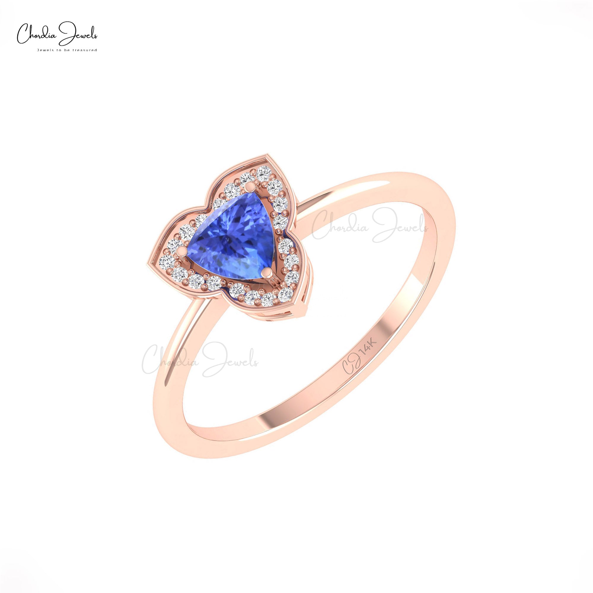 Trillion Cut Halo Wedding Ring In Solid 14k Gold Tanzanite And Diamond Promise Rings