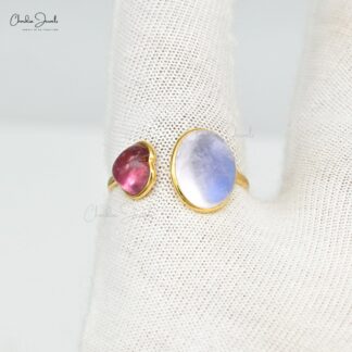 Split Shank Wedding Ring In 14k Yellow Gold Moonstone And Heart Tourmaline Open Cuff Rings