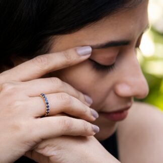 Half Eternity Stack Band With 2.5mm Blue Sapphire Wedding Ring In 14k Real Yellow Gold