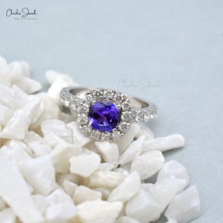 Halo Engagement Ring With 6mm Tanzanite & Diamond Pave Set In 14k White Gold Bridal Rings