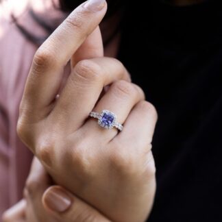 Halo Engagement Ring With 6mm Tanzanite & Diamond Pave Set In 14k White Gold Bridal Rings