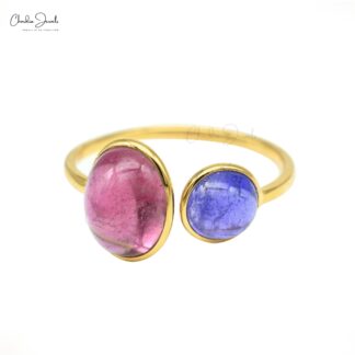Oval Pink Tourmaline Adjustable Ring In 14k Yellow Gold Tanzanite Open Cuff 2 Stone Ring
