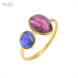 Oval Pink Tourmaline Adjustable Ring In 14k Yellow Gold Tanzanite Open Cuff 2 Stone Ring