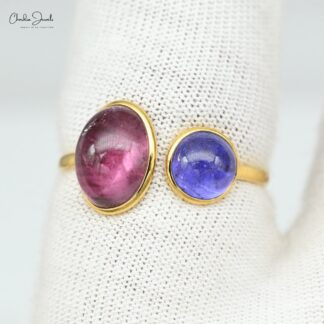 Oval Pink Tourmaline Adjustable Ring In 14k Yellow Gold Tanzanite Open Cuff 2 Stone Ring