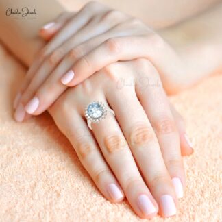 Halo Engagement Ring In Real 14k White Gold Aquamarine And Diamond Bridal Rings