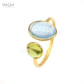 Real 14k Yellow Gold 2 Stone Ring With 10x8mm Aquamarine And Peridot Open Cuff Women Rings